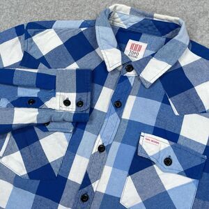 Topo Designs Mountain Shirt Mens XL Blue Plaid Button Up Flannel Hiking Outdoor